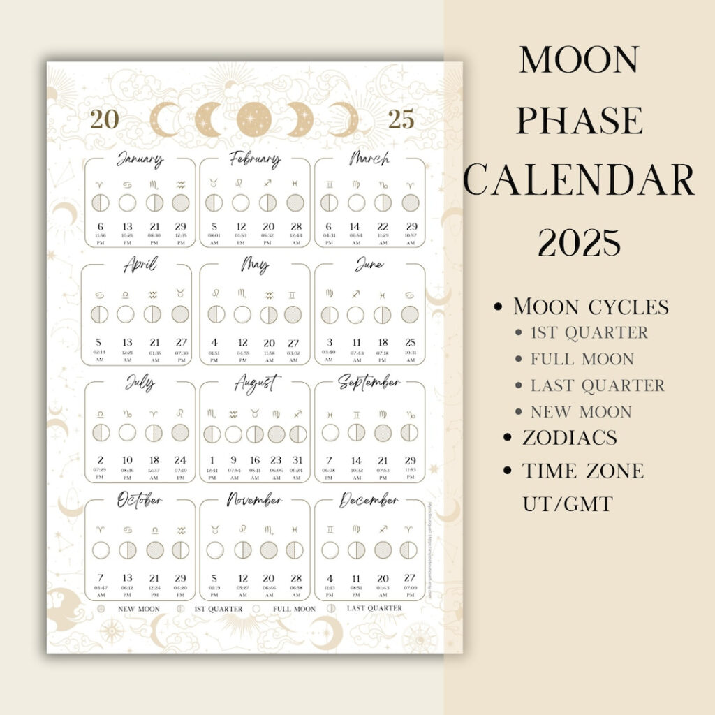 Printable Pdf Lunar Calendar, Moon Phase Calendar 2025   Etsy For Moon Calendar 2025 Printable