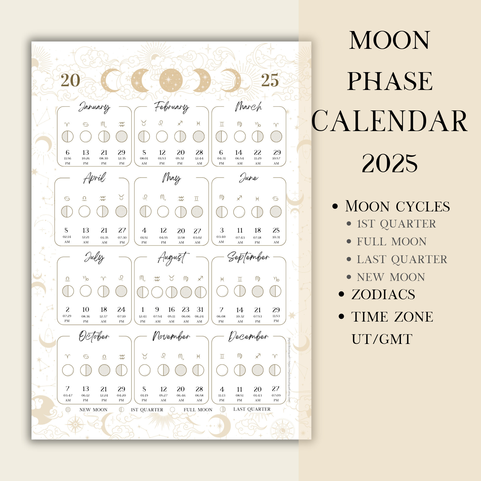 Printable Pdf Lunar Calendar, Moon Phase Calendar 2025 - Etsy in Lunar Calendar 2025 Printable