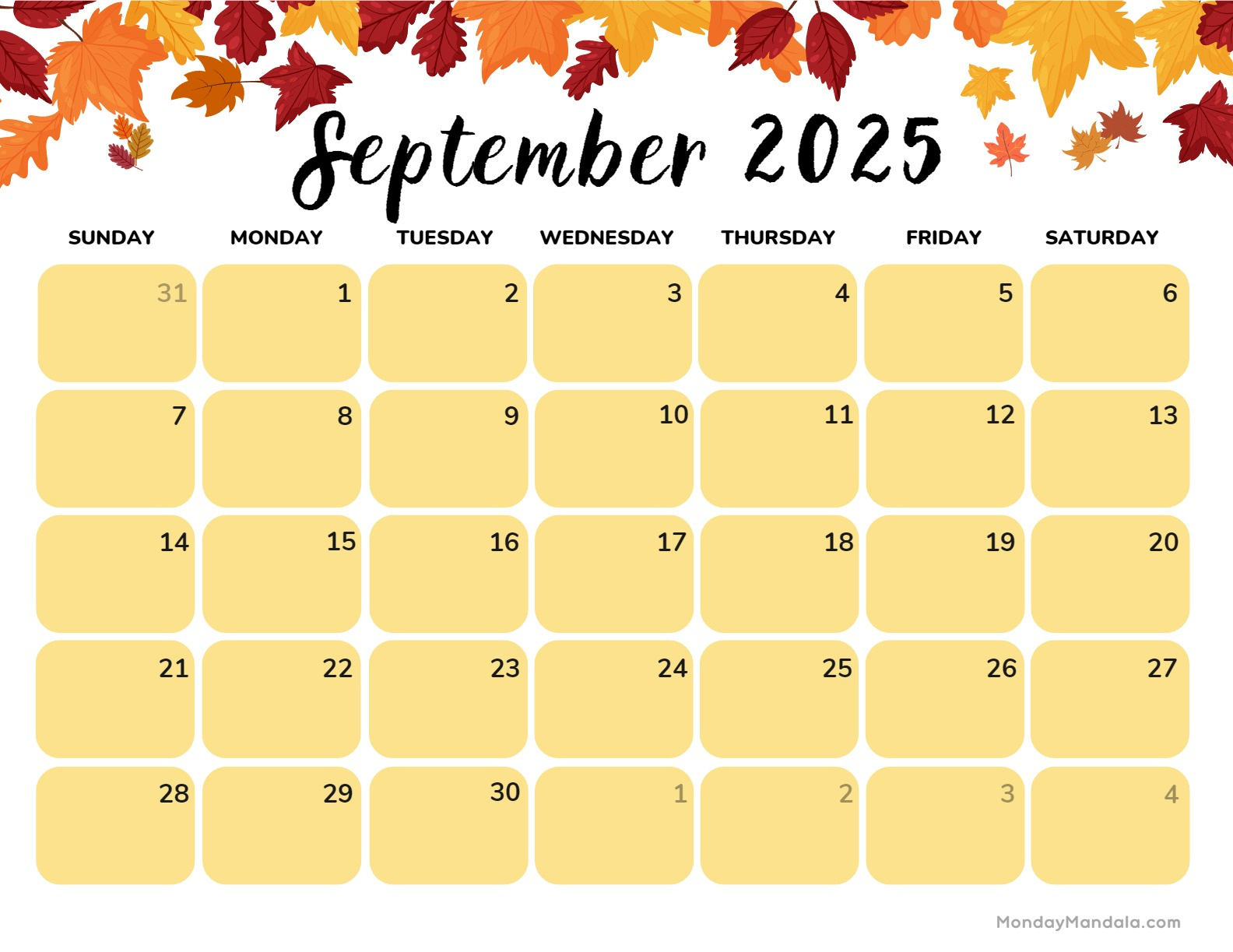 September 2025 Calendar (52 Free Pdf Printables) pertaining to Fall 2025 Calendar Printable