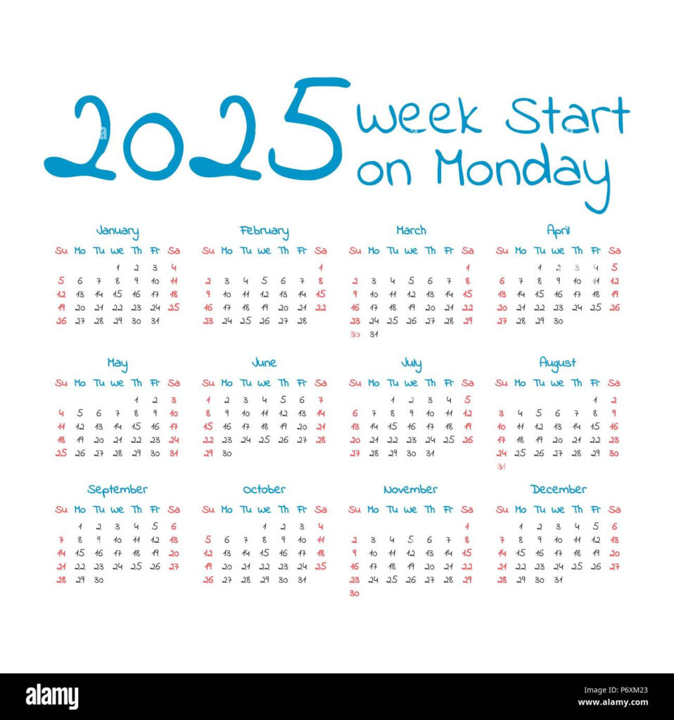 Simple 2025 Year Calendar, Week Starts On Monday Stock Vector Intended For Printable 2025 Calendar Starting Monday