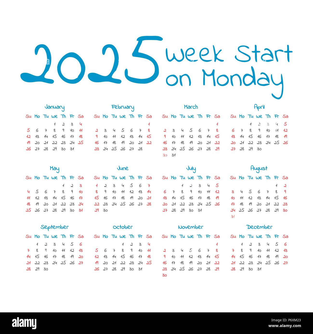 Simple 2025 Year Calendar, Week Starts On Monday Stock Vector intended for Printable 2025 Calendar Starting Monday