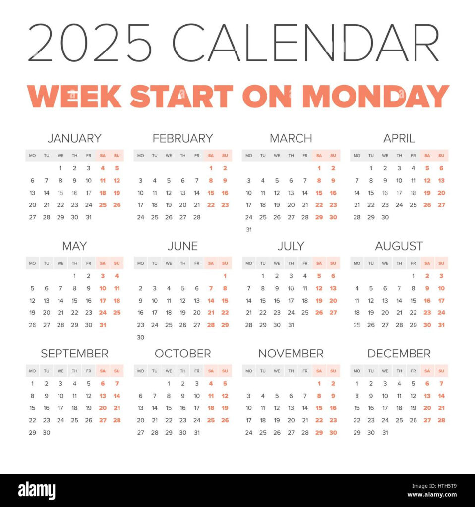 Simple 2025 Year Calendar, Week Starts On Monday Stock Vector Pertaining To Free Printable 2025 Calendar Monday Start