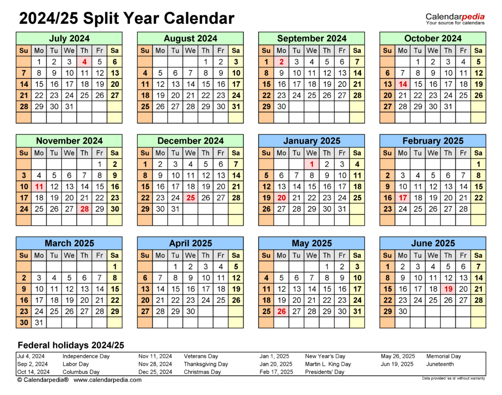 Split Year Calendars 2024/2025 (July To June)   Pdf Templates For 4 Year Calendar 2024 To 2025 Printable