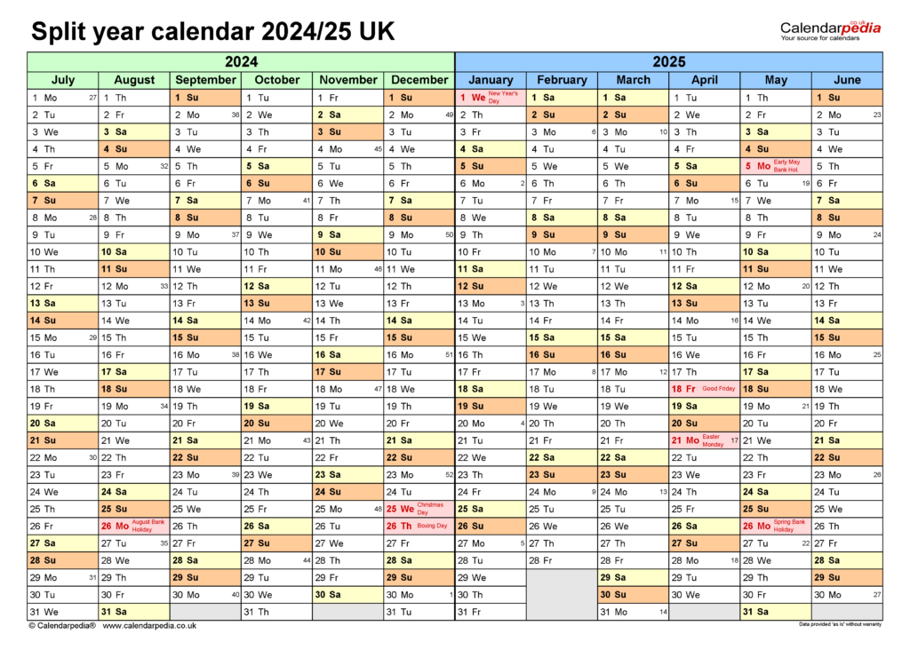 Split Year Calendars 2024/25 Uk (July To June) For Excel In September 2024 To June 2025 Calendar Printable Free