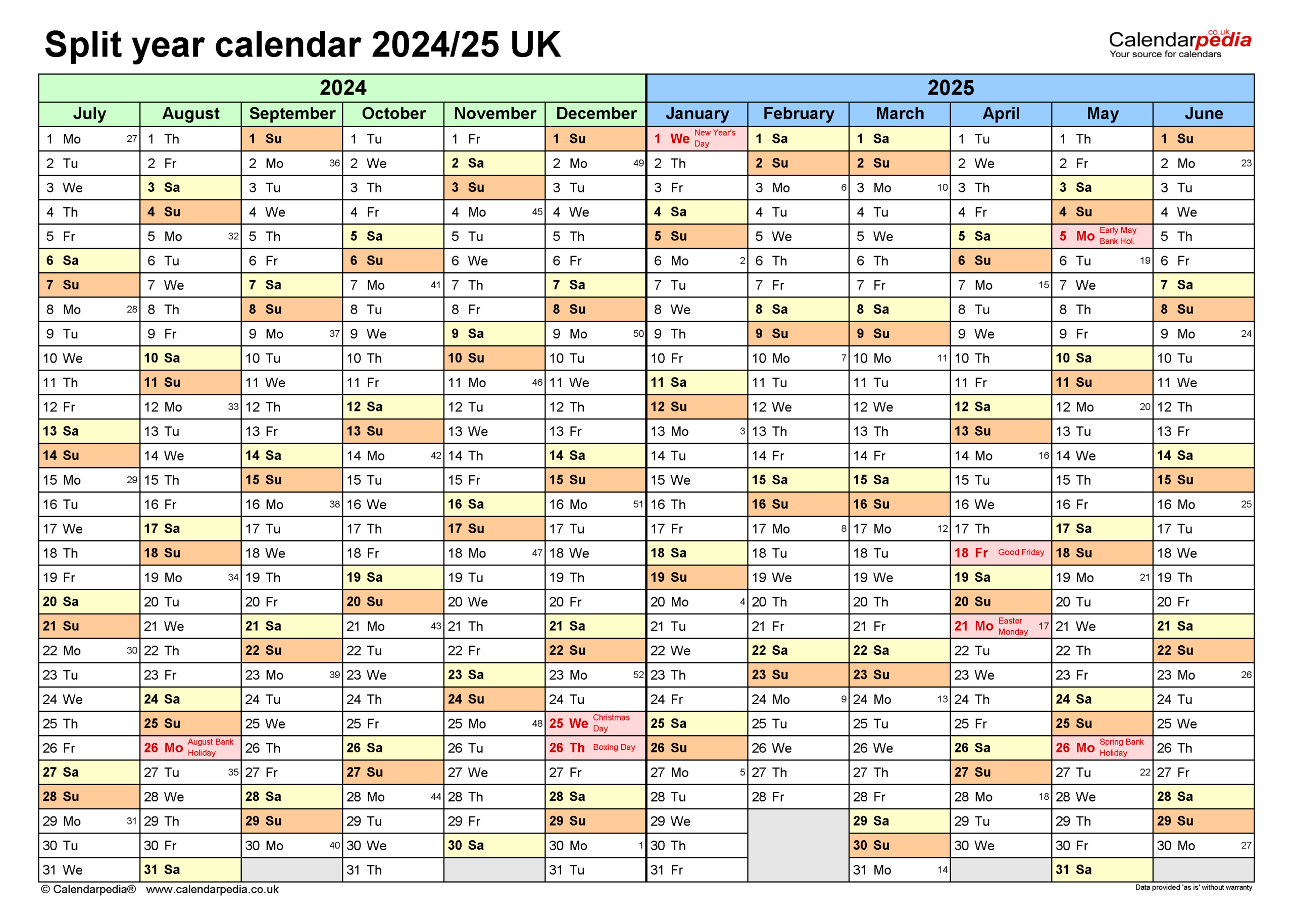 Split Year Calendars 2024/25 Uk (July To June) For Excel in September 2024 To June 2025 Calendar Printable Free