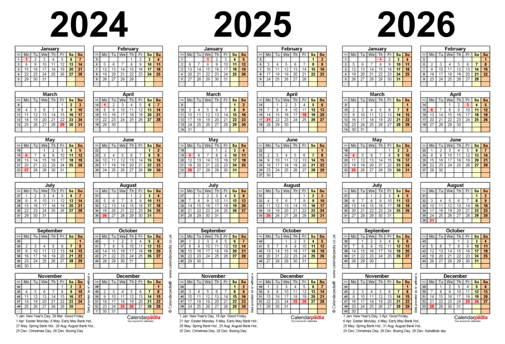 Three Year Calendars For 2024, 2025 & 2026 (Uk) For Pdf Pertaining To 3 Year Calendar 2024 To 2025 Printable