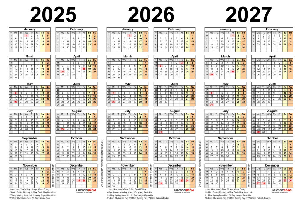 Three Year Calendars For 2025, 2026 & 2027 (Uk) For Pdf Within 3 Year Calendar 2025 To 2026 Printable