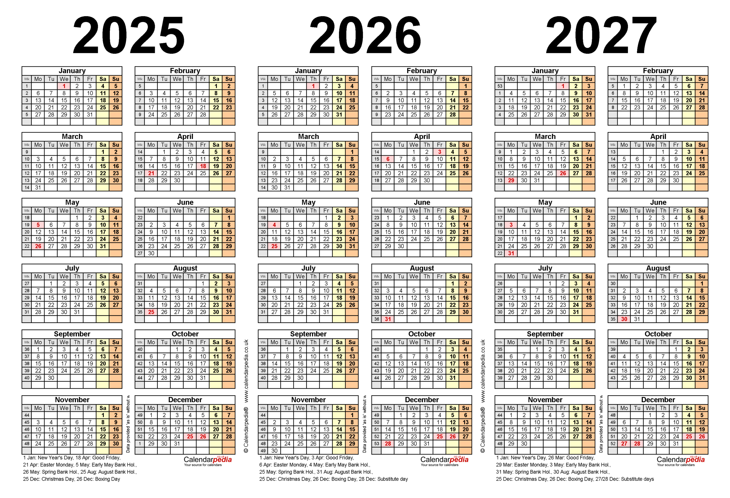 Three Year Calendars For 2025, 2026 &amp;amp; 2027 (Uk) For Pdf within 3 Year Calendar 2025 To 2026 Printable