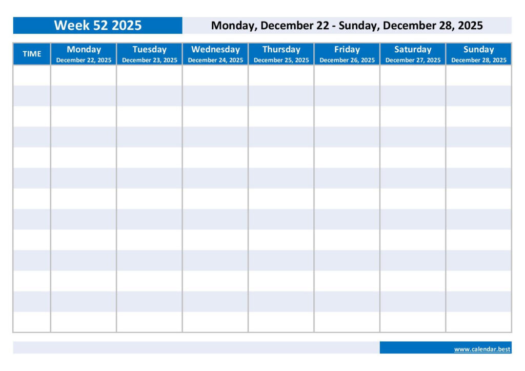 Week 52 2025: Dates, Calendar And Weekly Schedule To Print With 52 Week Calendar 2025 Printable