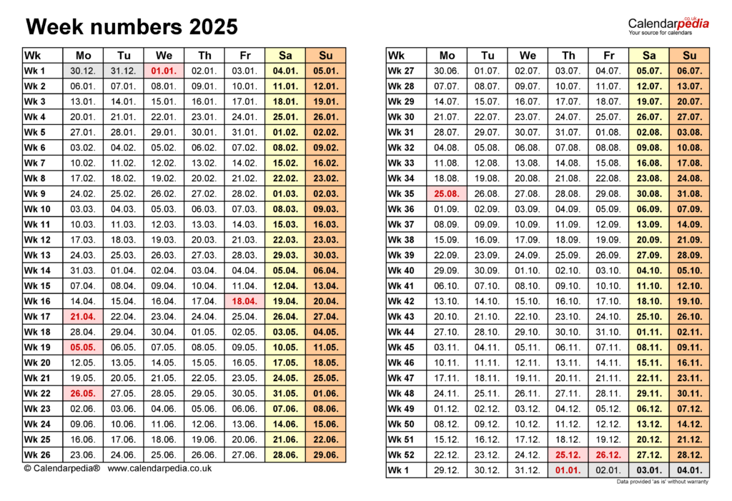 Week Numbers 2025 With Excel, Word And Pdf Templates With Regard To 2025 Work Week Calendar Printable