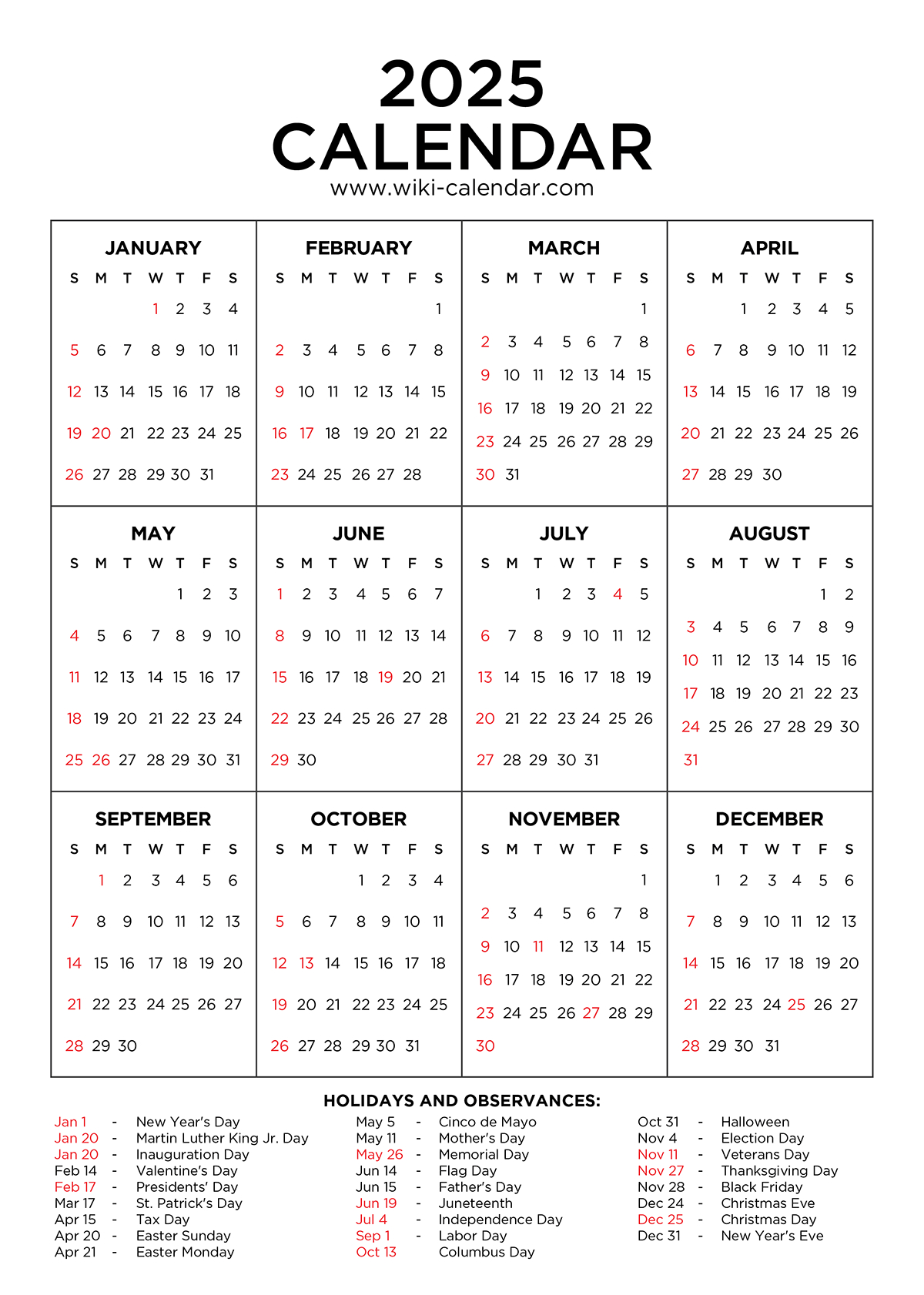 Year 2025 Calendar Printable With Holidays - Wiki Calendar for 2025 Calendar Holidays Printable