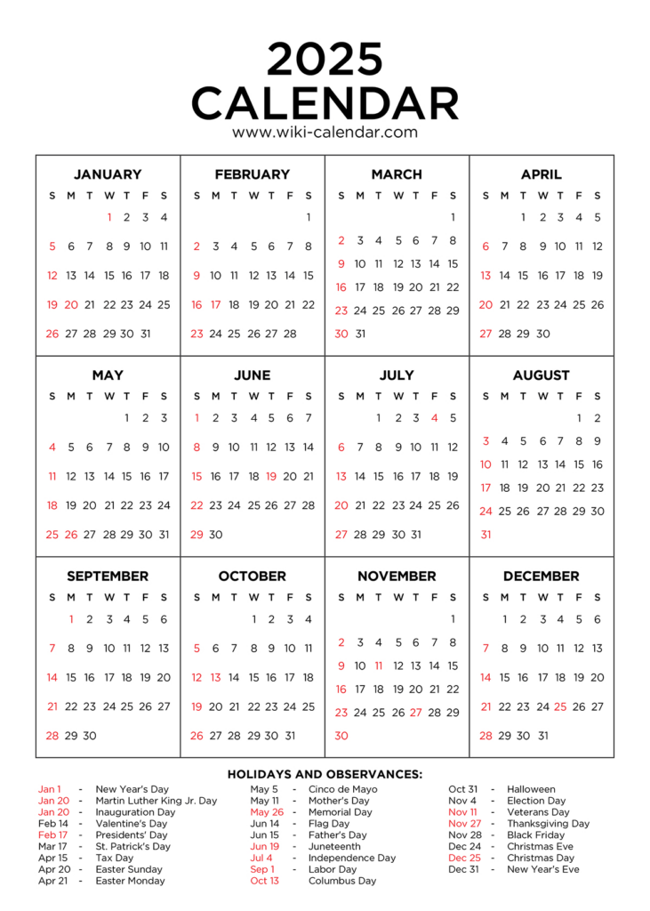 Year 2025 Calendar Printable With Holidays   Wiki Calendar For Calendar For 2025 With Holidays Printable