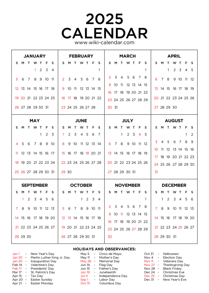 2025 Calendar Printable Free with Holidays