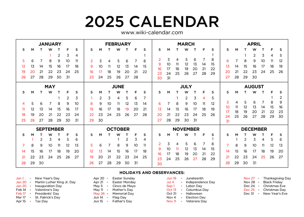 Year 2025 Calendar Printable With Holidays   Wiki Calendar Within Printable Calendar For Year 2025 United States