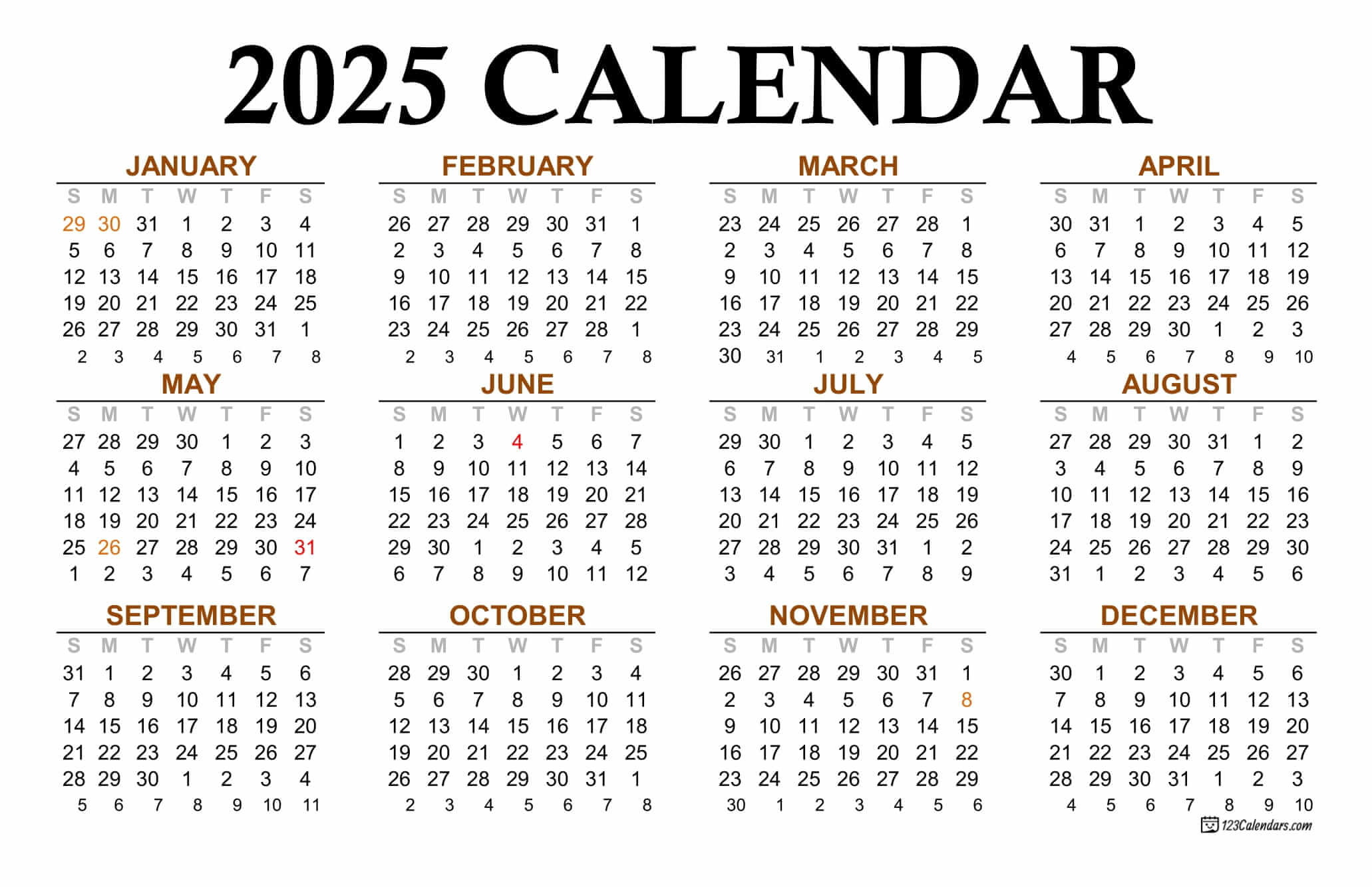 Year 2025 Calendar Templates | 123Calendars in Time And Date Calendar 2025 Printable