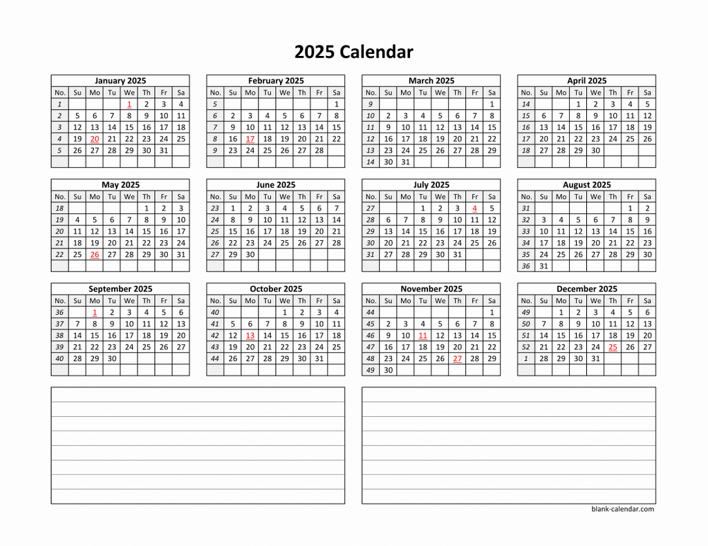 Yearly 2025 Calendars for 2025 Calendar Printable with Notes