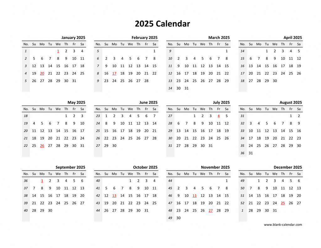 Yearly 2025 Calendars in Free Printable Blank 2025 Calendar