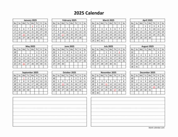 Free Printable Calendar 2025 with Notes