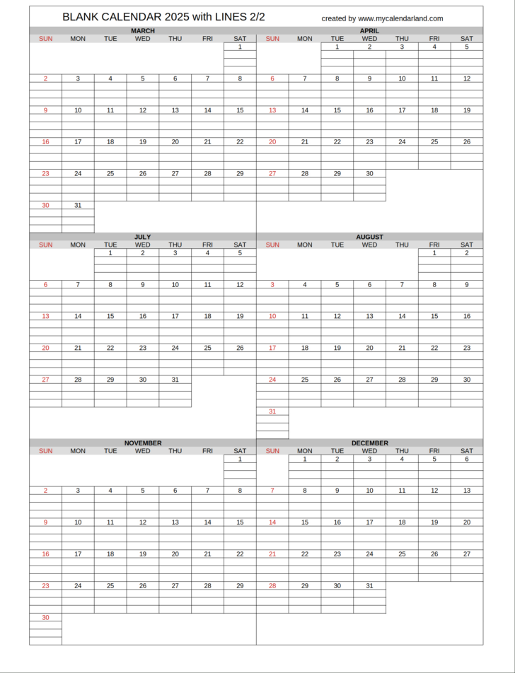 Free Printable Calendar with Lines 2025