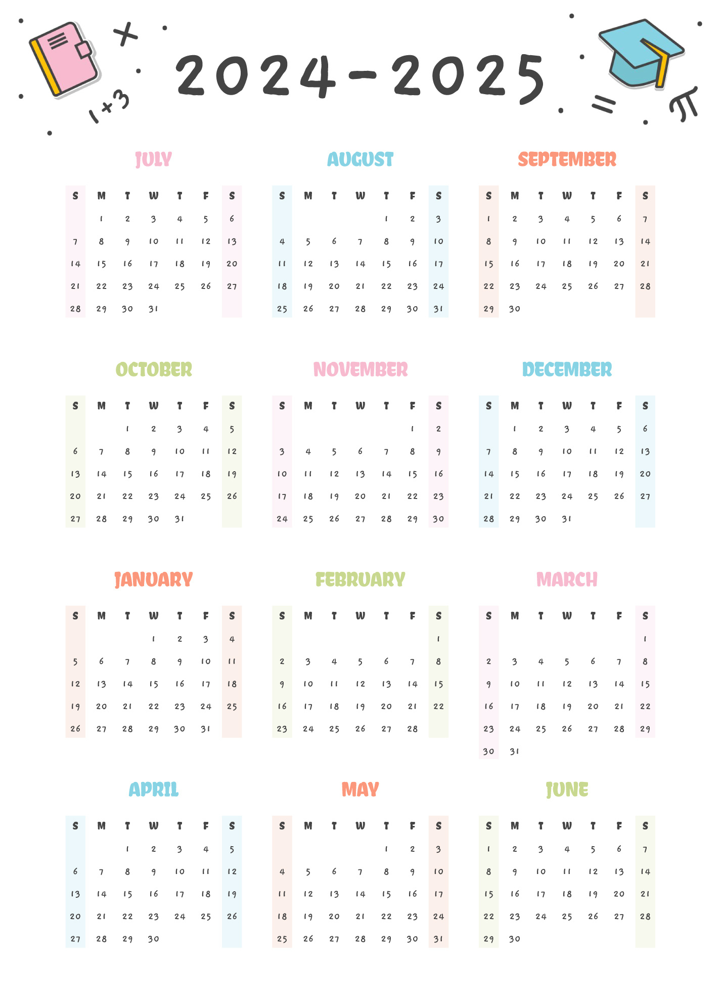 Yearly School Calendar 2024-2025 Free Google Docs Template - Gdoc.io for Free Printable Google Calendar 2025